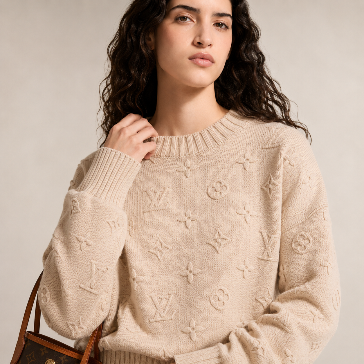 Luxury Beige Knit Sweater and Wide Leg Pants Set Styled with a Louis Vuitton Monogram Neverfull GM