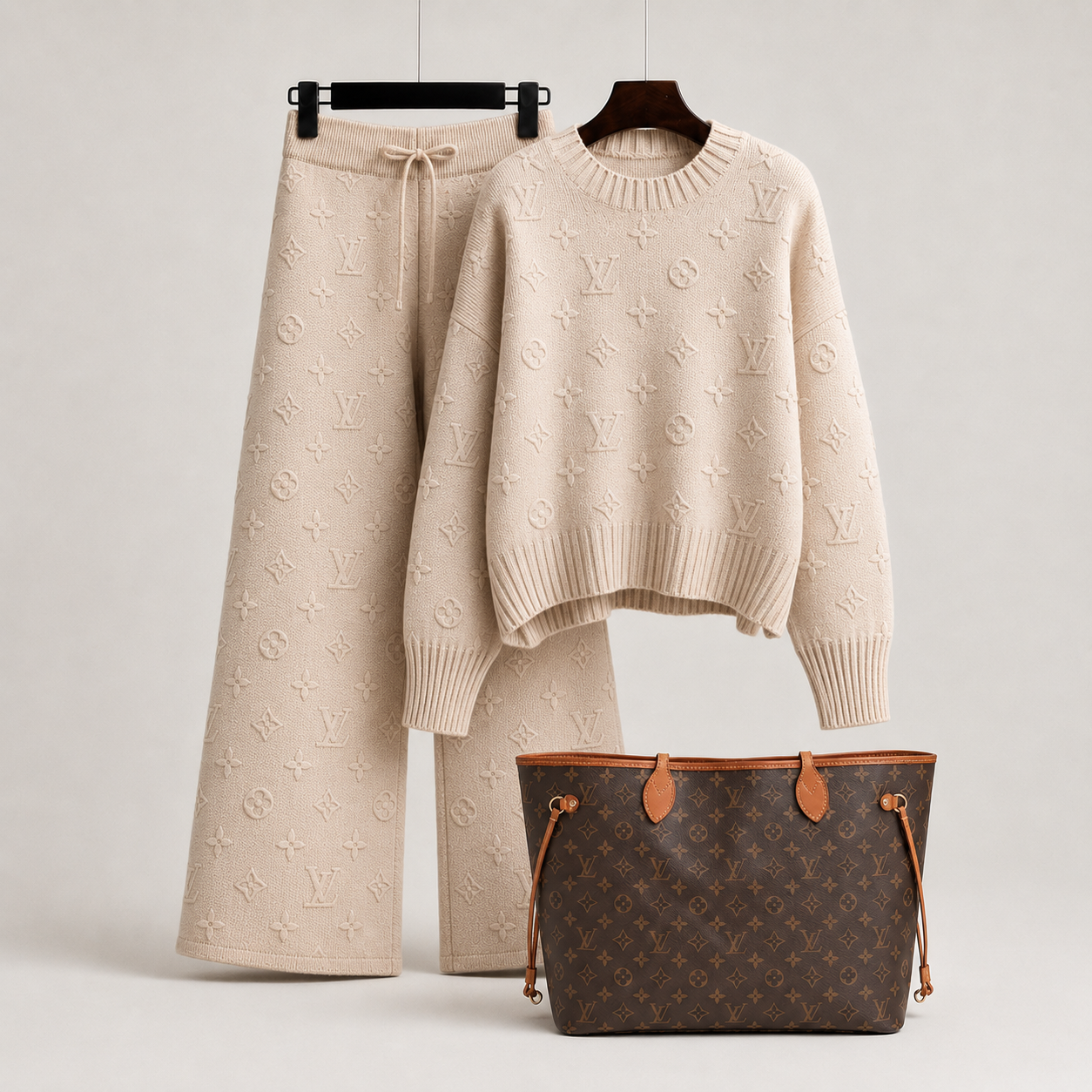 Luxury Beige Knit Sweater and Wide Leg Pants Set Styled with a Louis Vuitton Monogram Neverfull GM