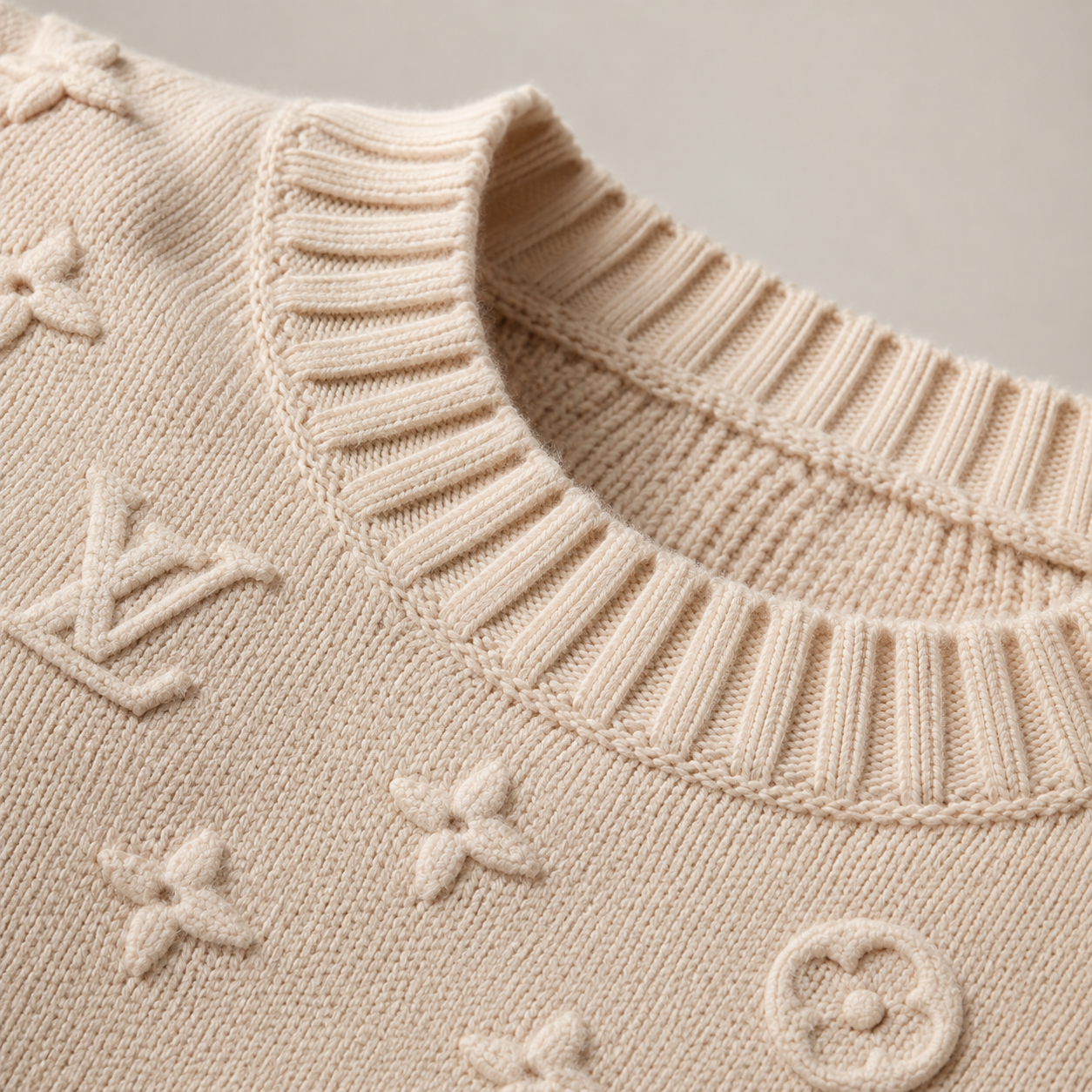 Luxury Beige Knit Sweater and Wide Leg Pants Set Styled with a Louis Vuitton Monogram Neverfull GM