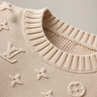Luxury Beige Knit Sweater and Wide Leg Pants Set Styled with a Louis Vuitton Monogram Neverfull GM