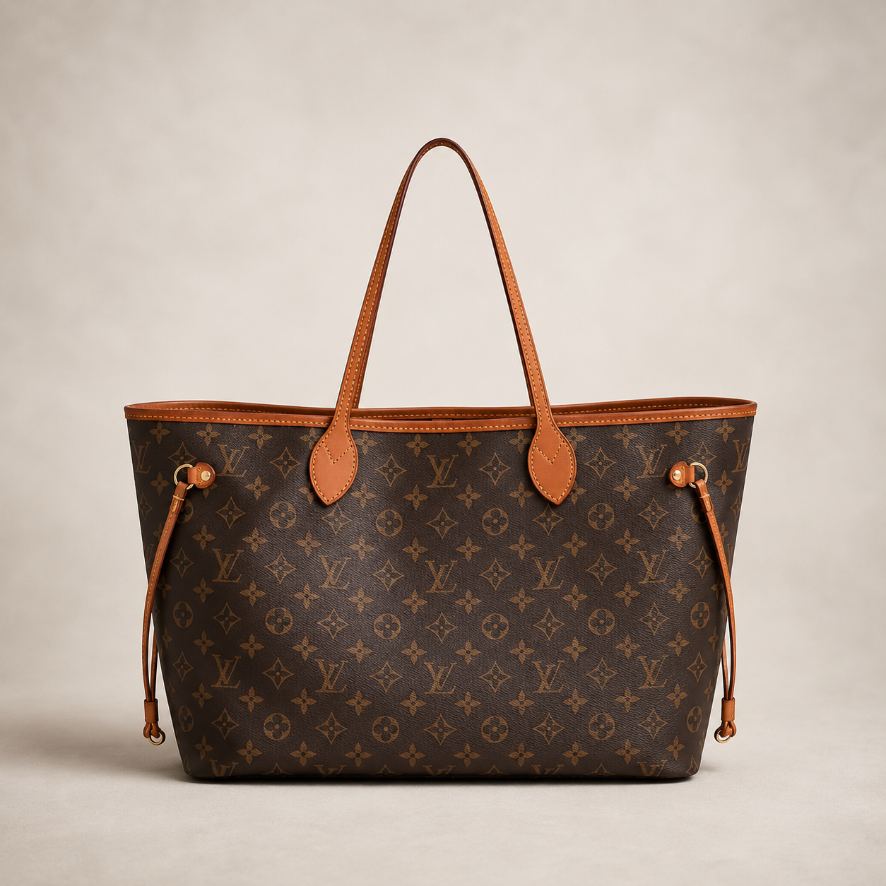 Luxury Beige Knit Sweater and Wide Leg Pants Set Styled with a Louis Vuitton Monogram Neverfull GM