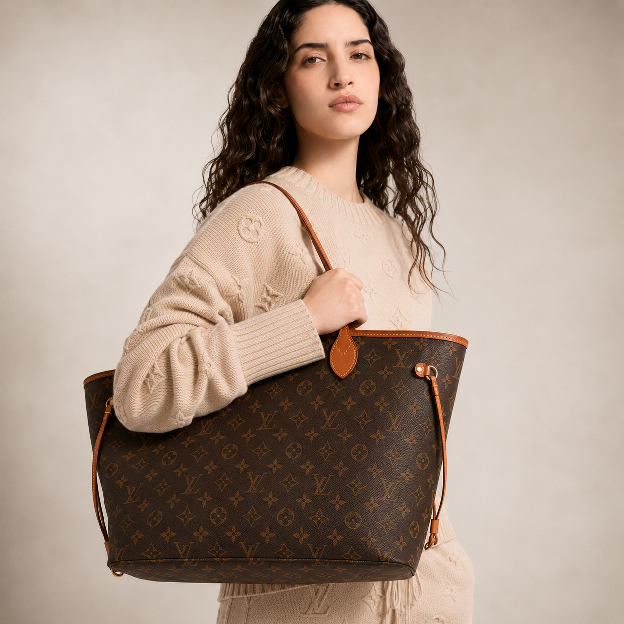Luxury Beige Knit Sweater and Wide Leg Pants Set Styled with a Louis Vuitton Monogram Neverfull GM